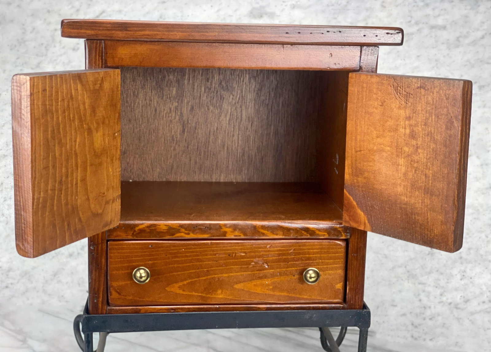Vintage Farmhouse Pine Bonnet Chest Storage Box W/ Wrought Iron Stand - 8