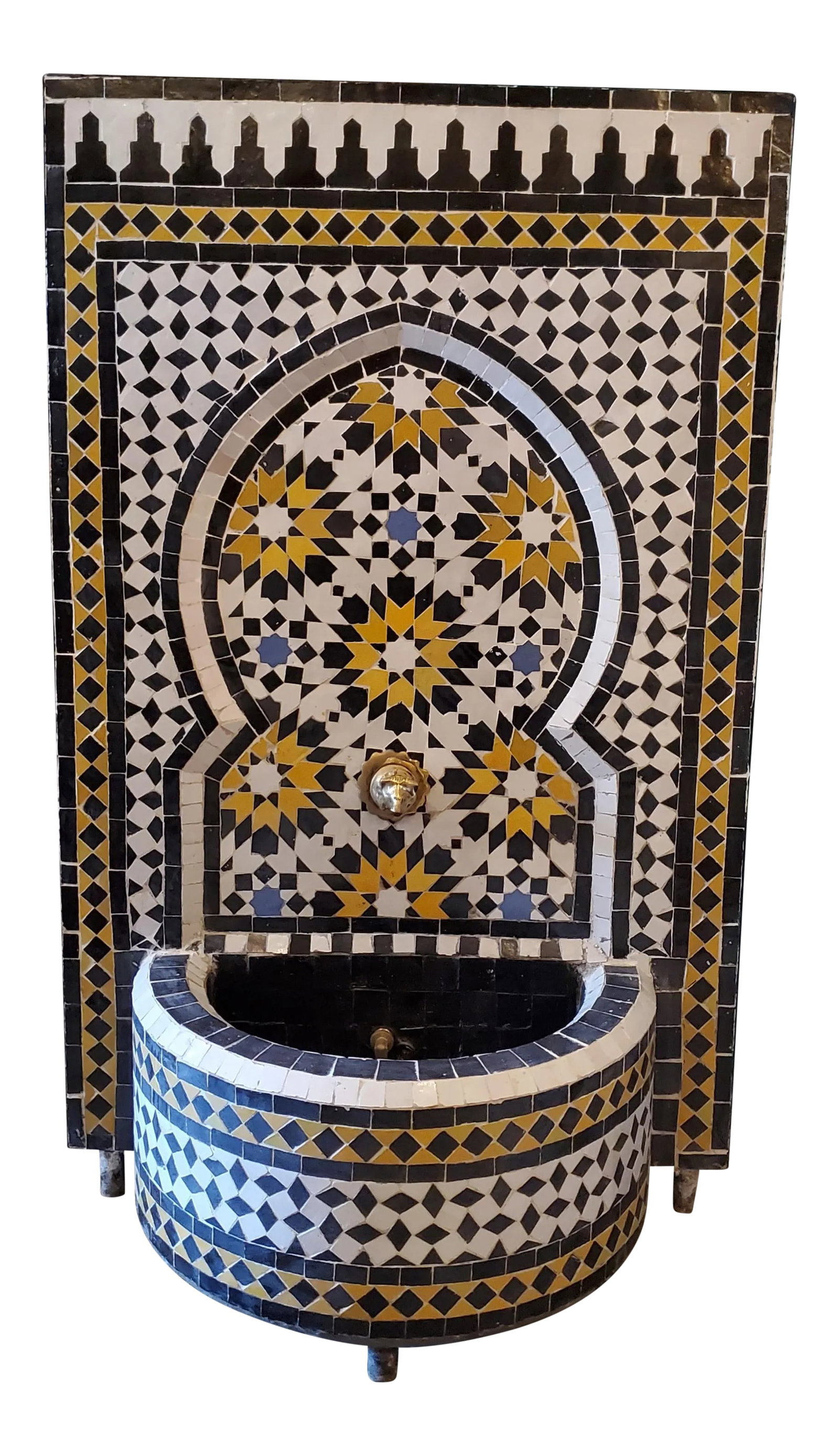 Tazia Black /White /Yellow Moroccan Mosaic Tile Fountain: Just arrived !! Black / white / Yellow handmade Moroccan mosaic tile fountain made in Marrakech, Morocco. This amazing fountain measures approximately 40" high and 24" wide and comes with a boar's hea