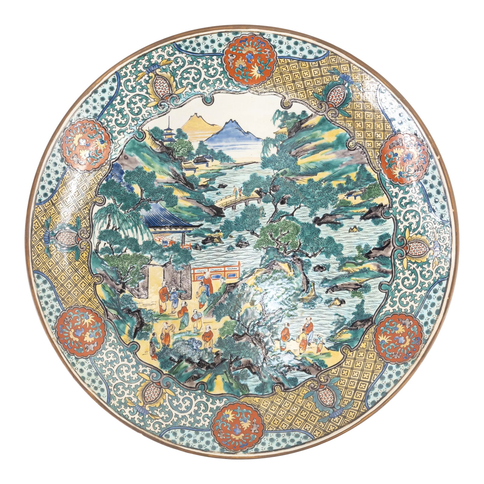 Japanese Landscape Ko-Kutani Charger: We are selling this rare Ko-Kutani Charger with landscape scene. This large charger is very well painted in Ko-Kutani palette with a very detailed central landscape scene with elaborate border. The