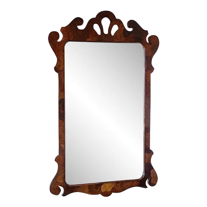 Mid-Century Large Queen Anne Chippendale Style Patchwork Burled Wood Beveled Wall Mirror (1 of 5)