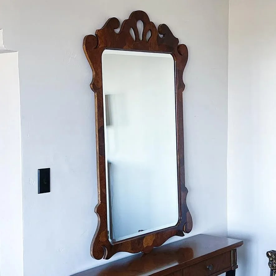 Mid-Century Large Queen Anne Chippendale Style Patchwork Burled Wood Beveled Wall Mirror - 2