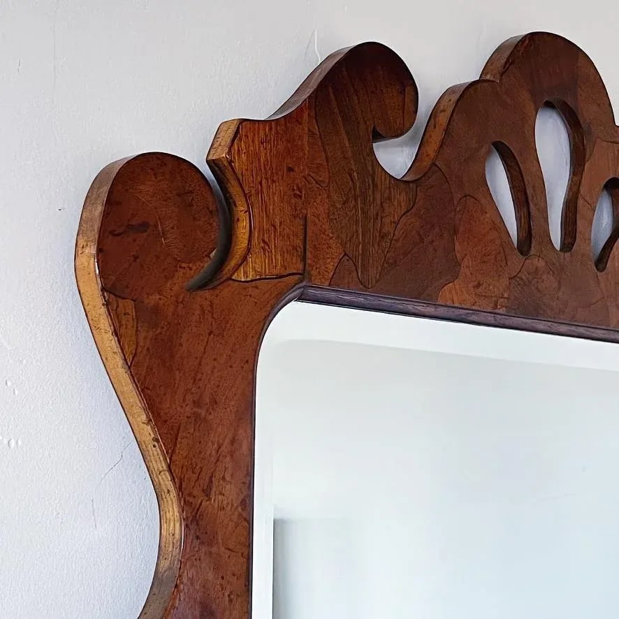 Mid-Century Large Queen Anne Chippendale Style Patchwork Burled Wood Beveled Wall Mirror - 3