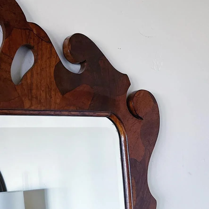 Mid-Century Large Queen Anne Chippendale Style Patchwork Burled Wood Beveled Wall Mirror - 4