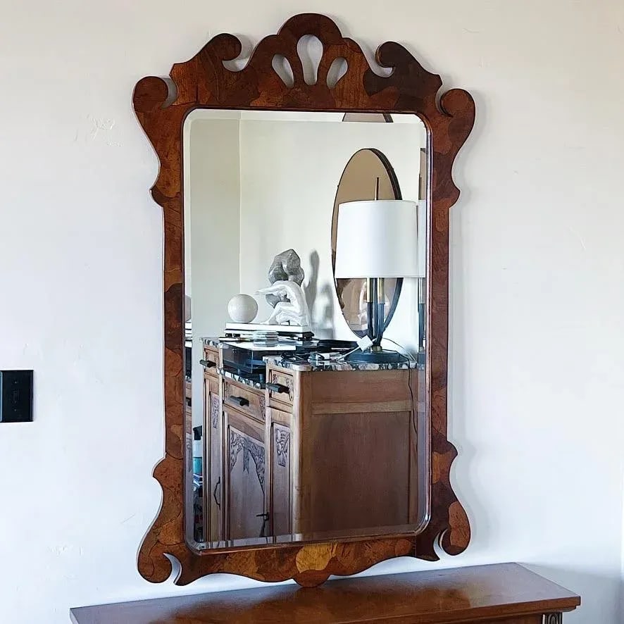 Mid-Century Large Queen Anne Chippendale Style Patchwork Burled Wood Beveled Wall Mirror - 5