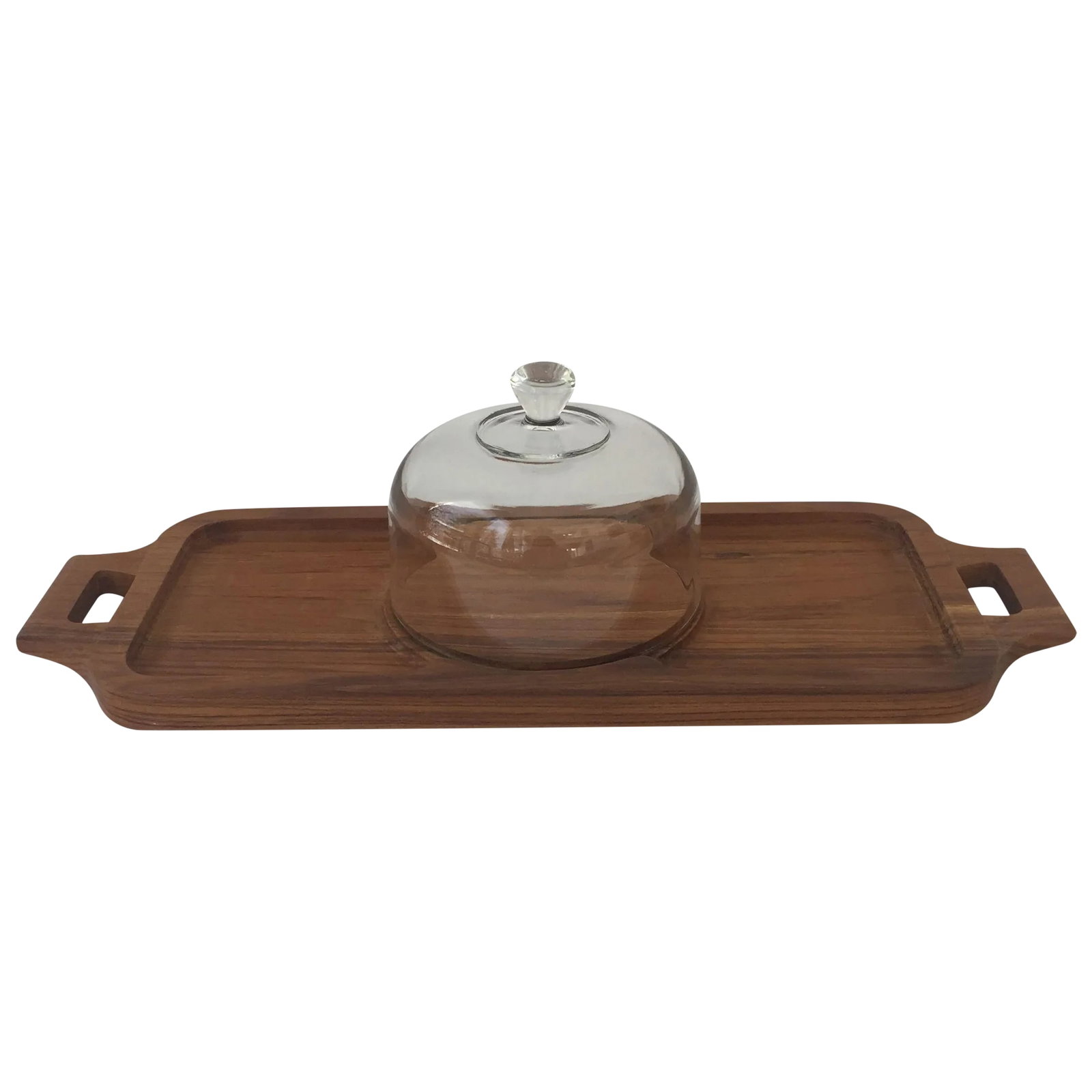 Vintage Domed Cheese Tray: A vintage teak cheese tray with a centered glass dome that would be a wonderful vintage accent for your next party's tablescape. It's in excellent vintage condition with minor wear. Condition: