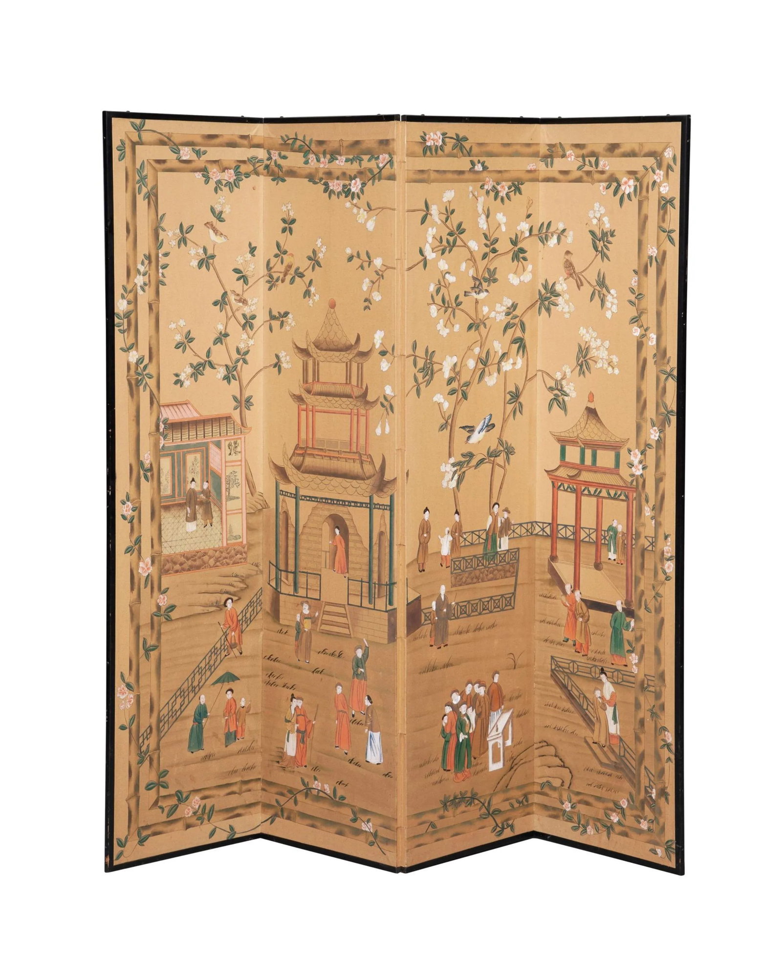 Chinoiserie Hand-Painted Four Panel Screen With Pagodas and Flowers - 10