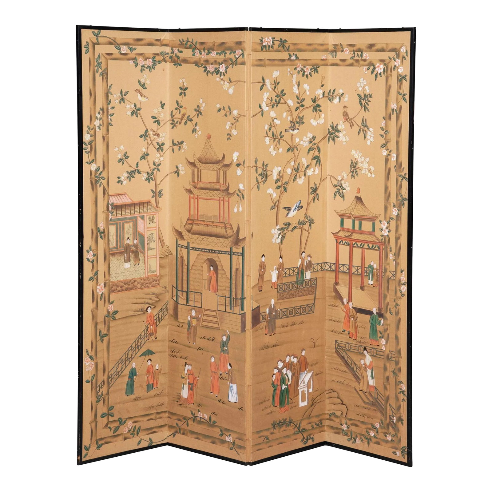 Chinoiserie Hand-Painted Four Panel Screen With Pagodas and Flowers (1 of 10)