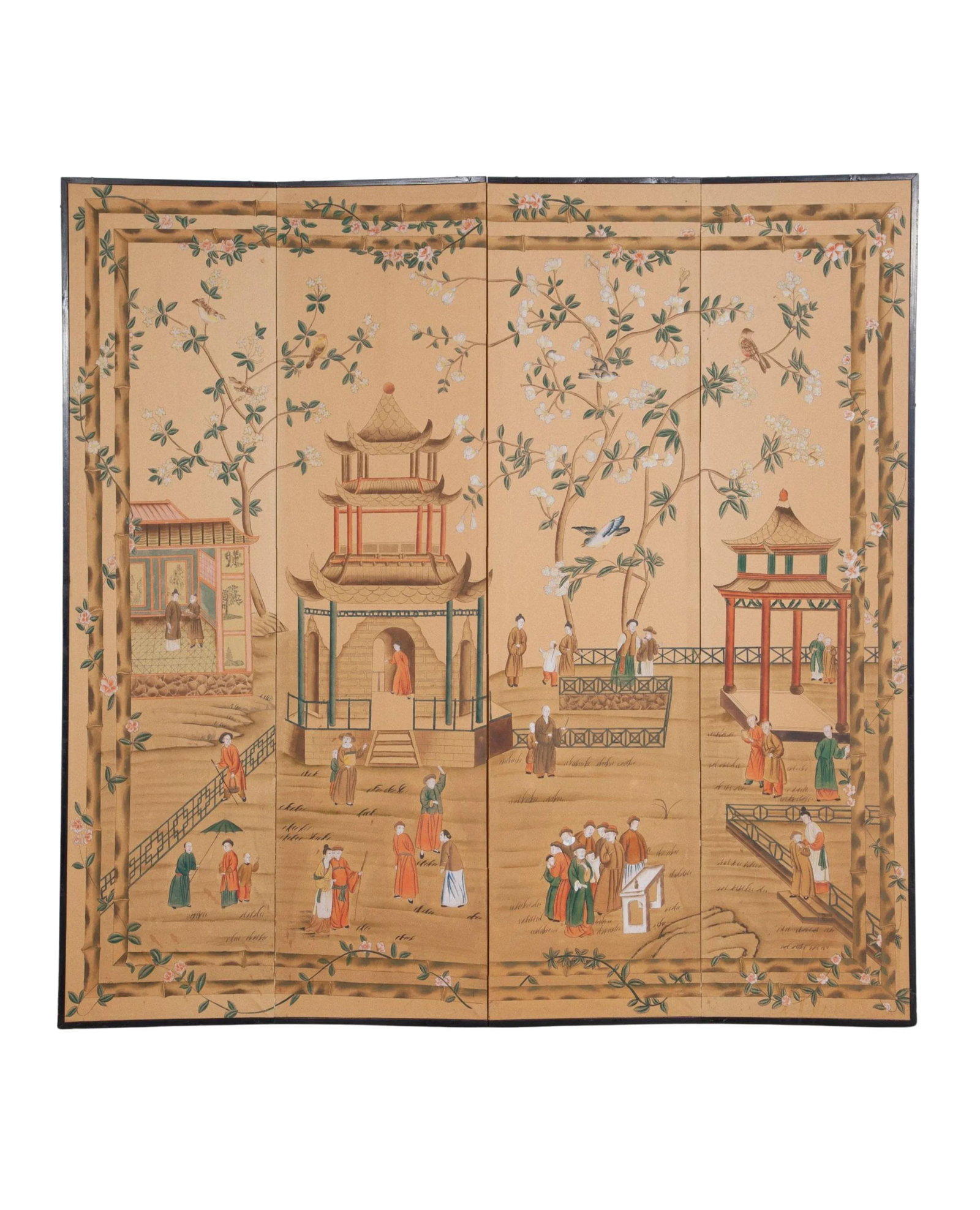Chinoiserie Hand-Painted Four Panel Screen With Pagodas and Flowers - 2