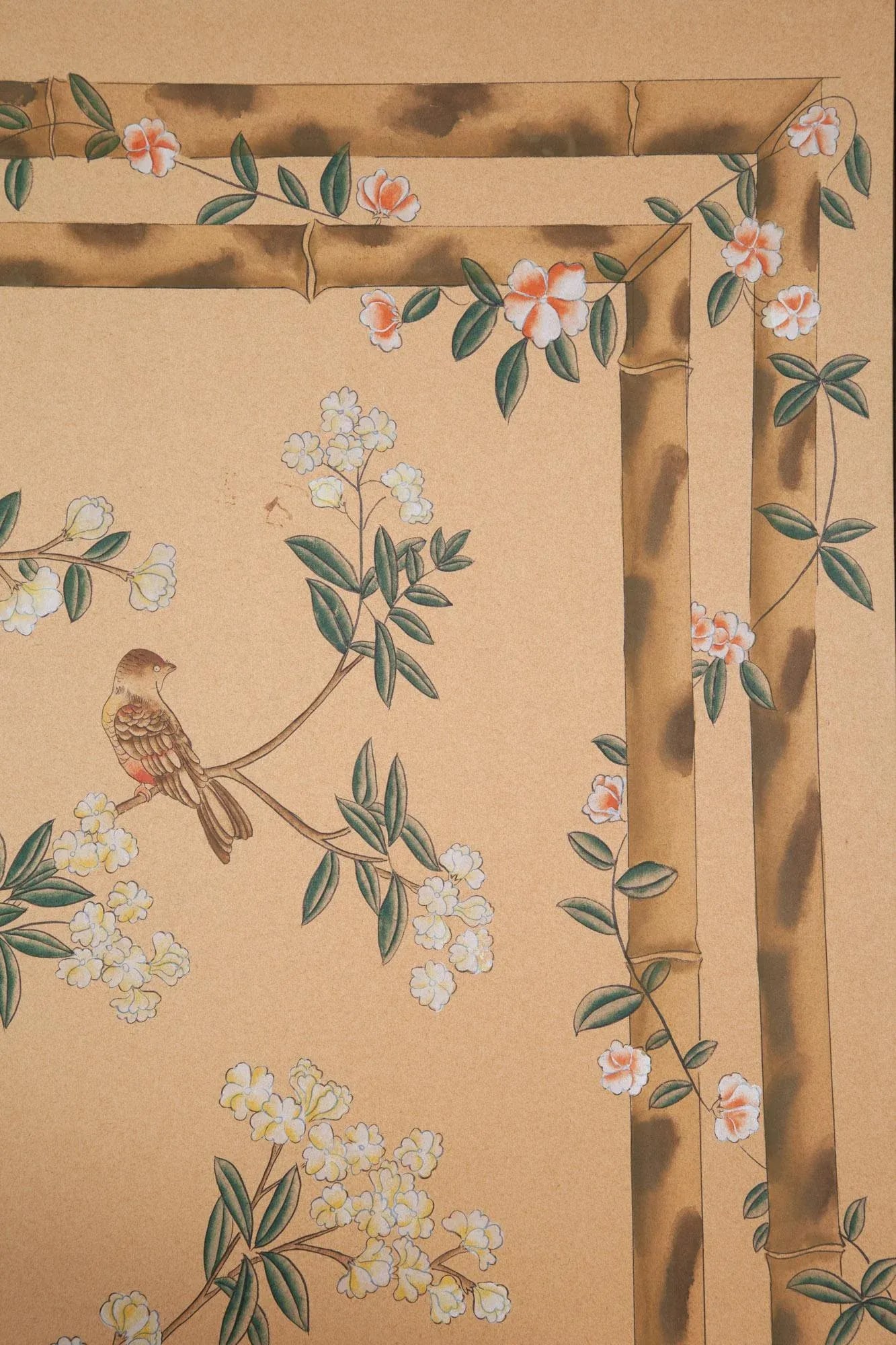 Chinoiserie Hand-Painted Four Panel Screen With Pagodas and Flowers - 3