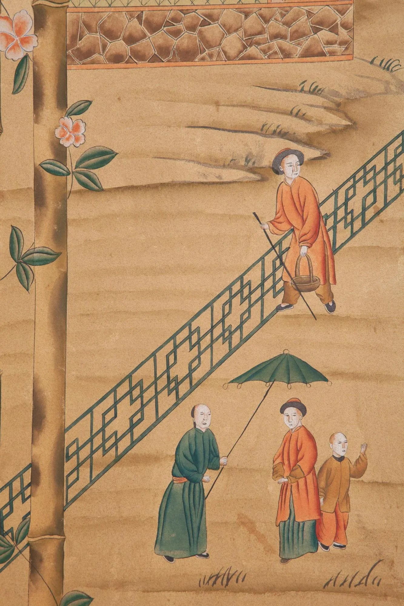 Chinoiserie Hand-Painted Four Panel Screen With Pagodas and Flowers - 4