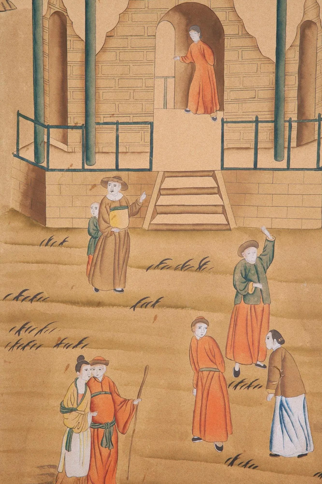 Chinoiserie Hand-Painted Four Panel Screen With Pagodas and Flowers - 5