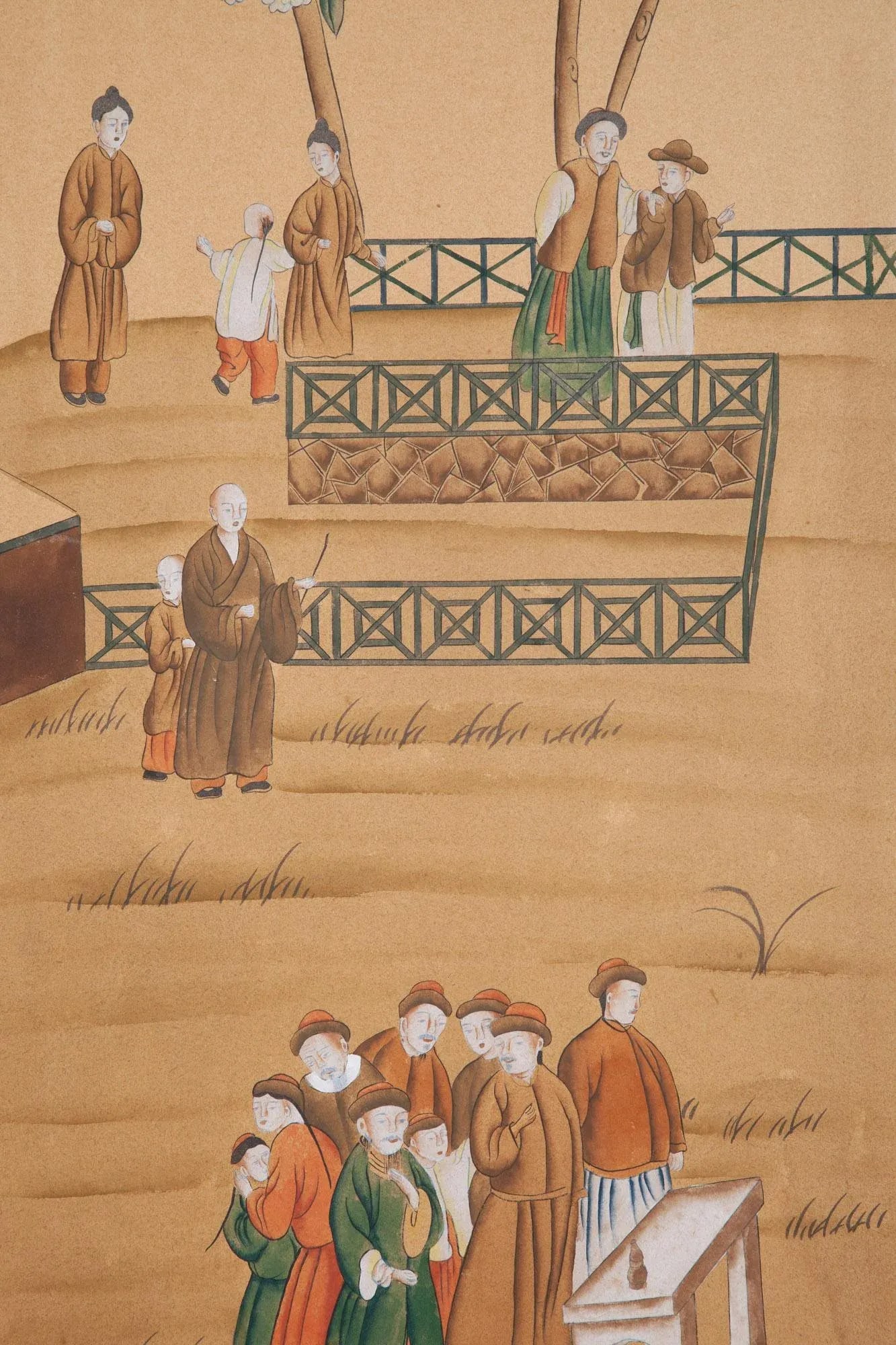 Chinoiserie Hand-Painted Four Panel Screen With Pagodas and Flowers - 6