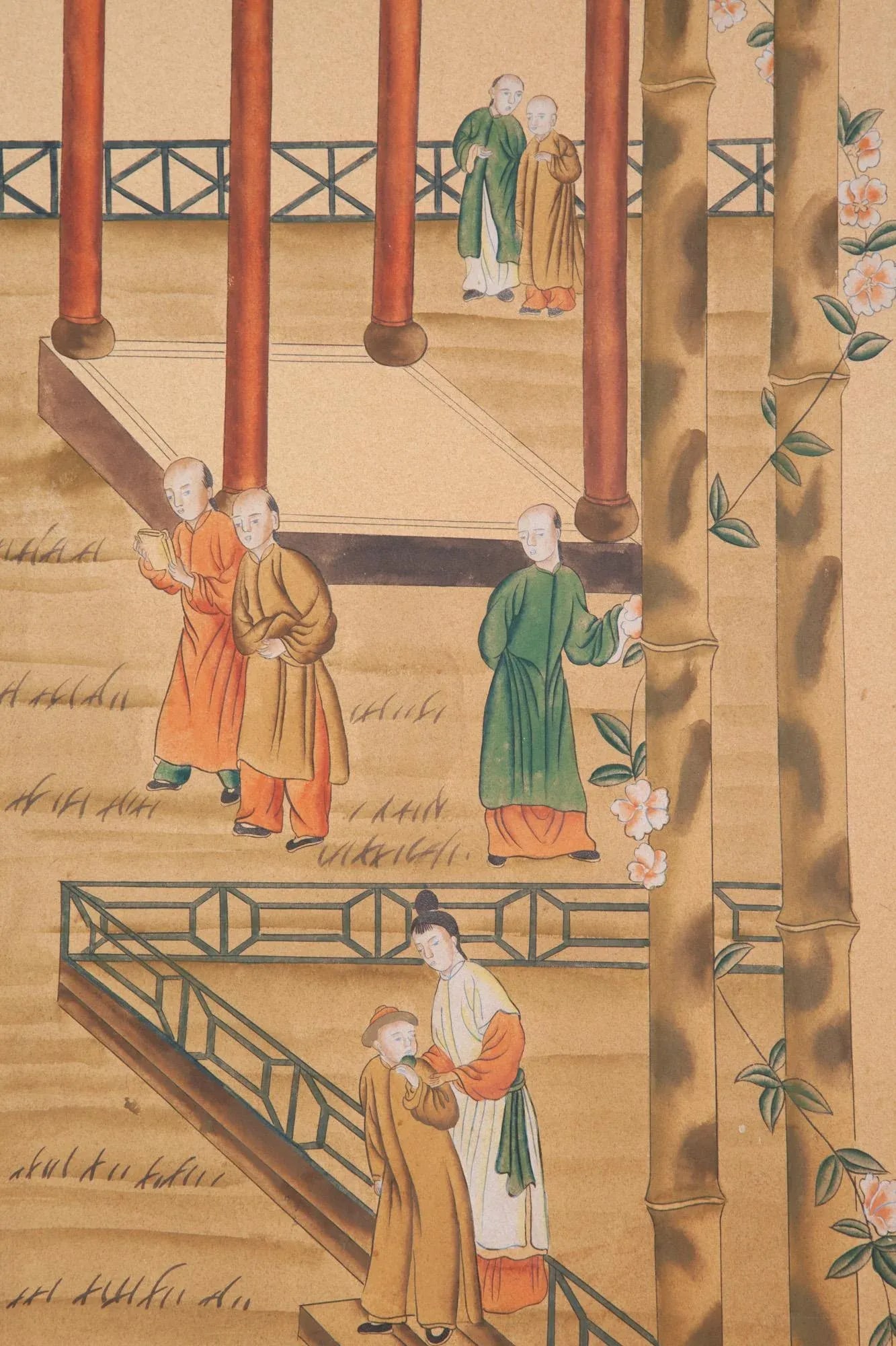 Chinoiserie Hand-Painted Four Panel Screen With Pagodas and Flowers - 7