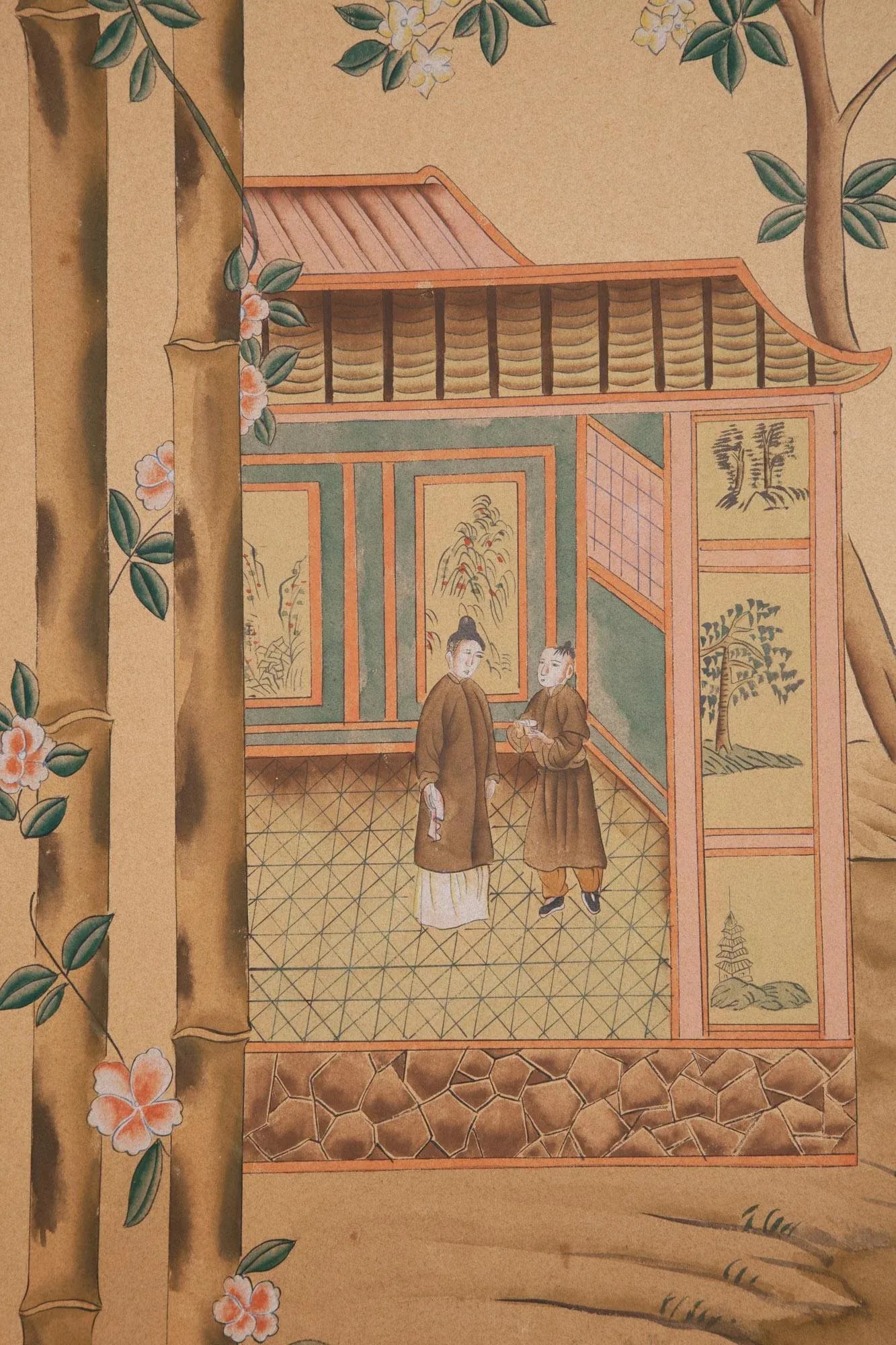 Chinoiserie Hand-Painted Four Panel Screen With Pagodas and Flowers - 8