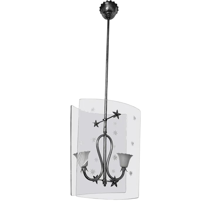 1950s Italian Pendant in the Manner of Fontana Arte: Romantic Vintage Italian pendant in the manner of Fontana Arte . Etched glass shades and all is in original condition Condition: Alterations: Unknown Imperfections: Some Imperfections Condition