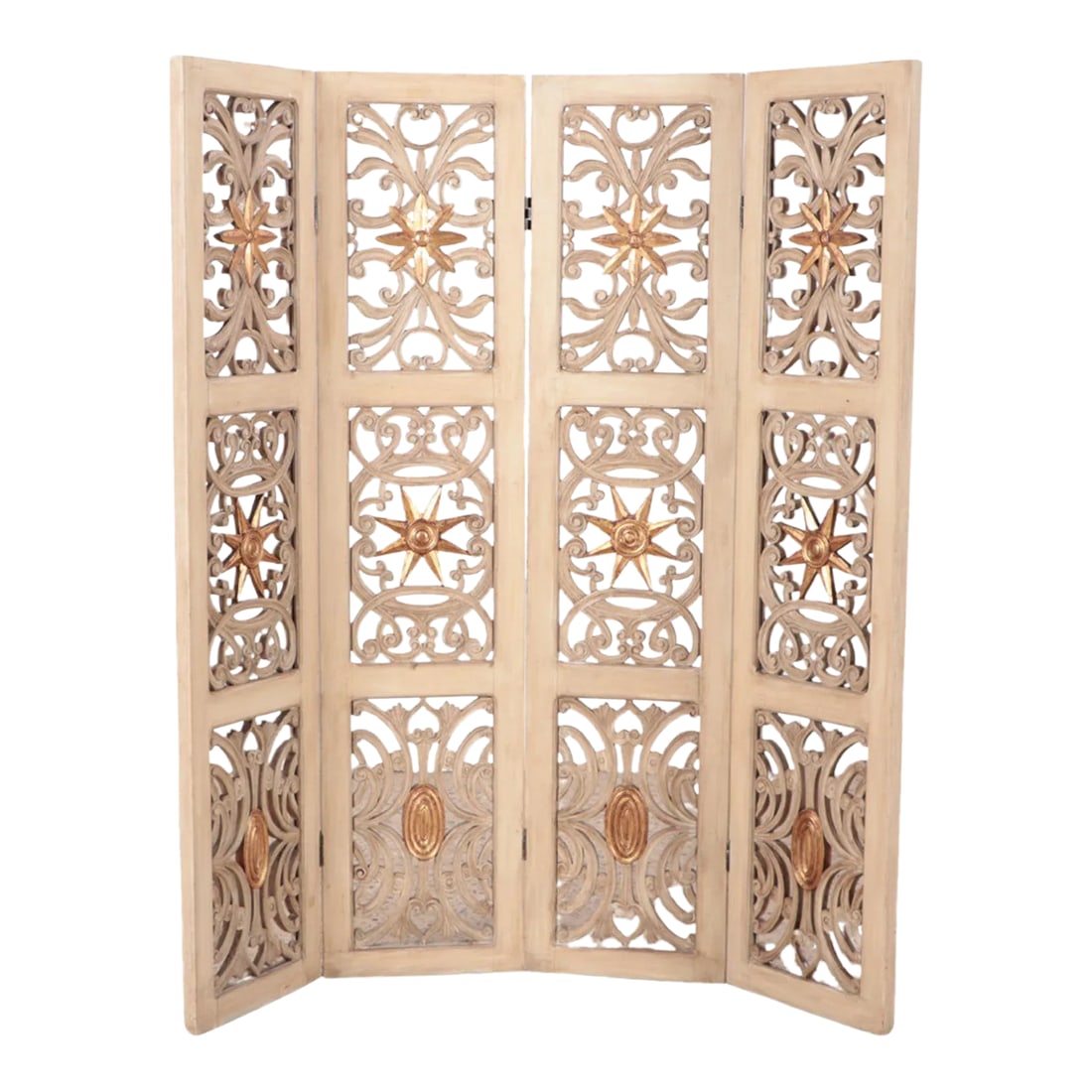 1950s Mid-Century Modern Four Panel Painted and Gilt Wood Room Divider: A Mid Century Modern four panel painted and gilt wood fantasy room divider. C 1950 Condition: Alterations: Original Condition Unaltered Imperfections: Some Imperfections Condition Notes: Good Material