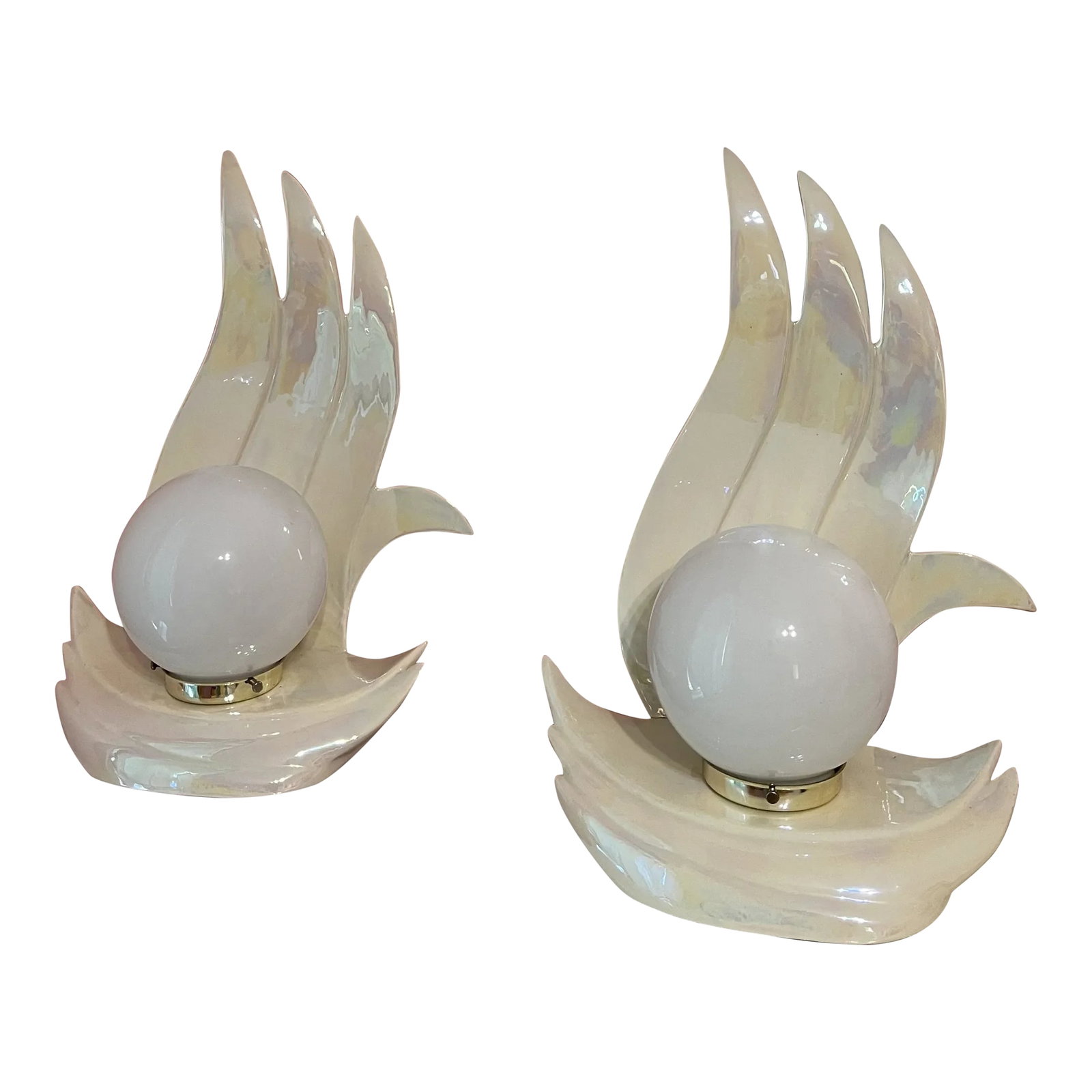 1980s Art Deco Revival Flame Ceramic Lamps - a Pair: Art Deco Revival Flame Ceramic Lamps - a Pair Condition: Alterations: Original Condition Unaltered Imperfections: Some Imperfections Condition Notes: Great condition overall, except one lamp on the