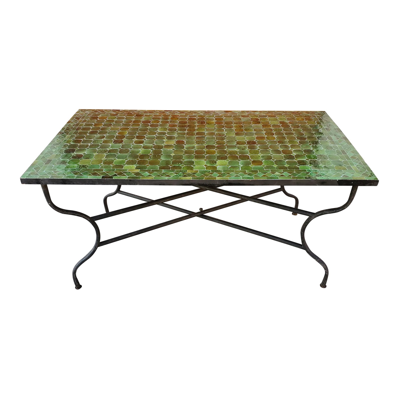 48" Rectangular Moroccan Mosaic Table in Tamegrout Green: A new arrival. 100 % glazed rectangular. Tamegrout Green Moroccan mosaic dining table measuring approximately 24" in width and 48" in length. Height is 29". For both indoors and outdoors. Great also a