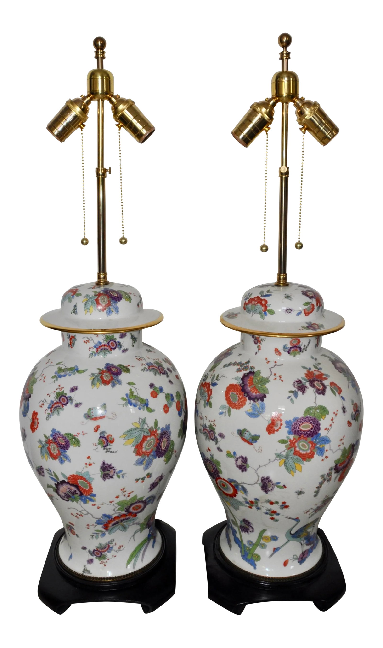 El Morroco Perona Estate Floral and Gilt Porcelain Table Lamps by Ardalt: Large size, handpainted from Germany mid 20th century, completed rewired with brown silk cord, brown plug and new brass double-cluster bulb fittings with adjutable stem from 29-33"; marked on the base