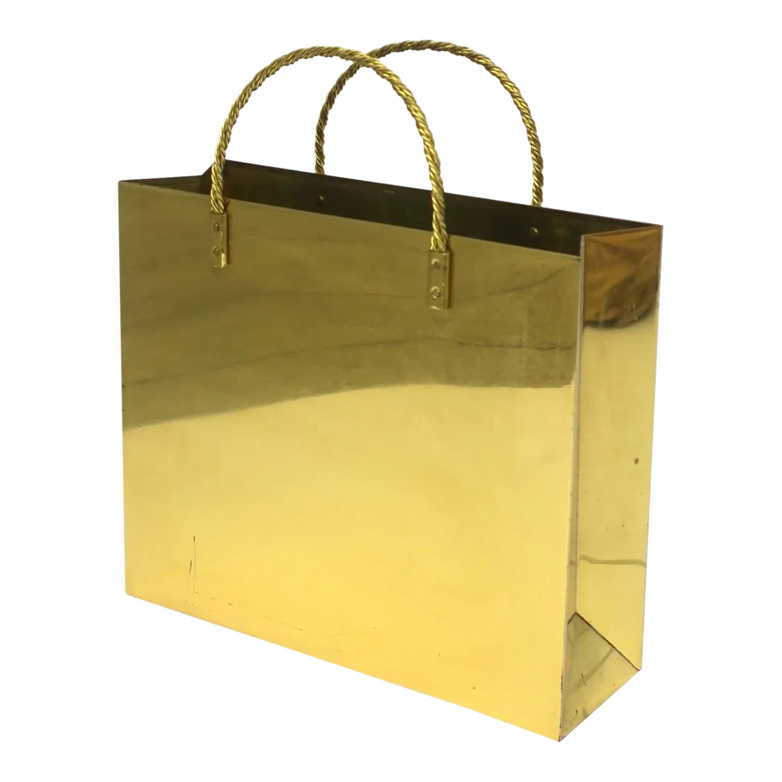 Brass Magazine Holder Stand or Wastebasket Trash Can After Willy Rizzo: A brass plated 'tote bag' magazine holder (or wastebasket), in the style of modern, after designer Willy Rizzo, circa late-20th century, 1970s. This iconic 'tote bag' piece is lacquered brass plated (