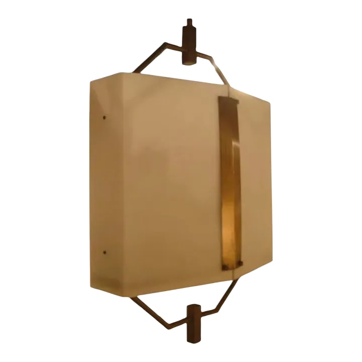 1940s French White Perspex & Brass Pendant Light Fixture: Vintage French pendant light fixture in solid brass and white Perspex diffuser. Circa 1940. Features white Perspex diffuser with hardware and detailing in original brass. Includes ceiling cap with adj