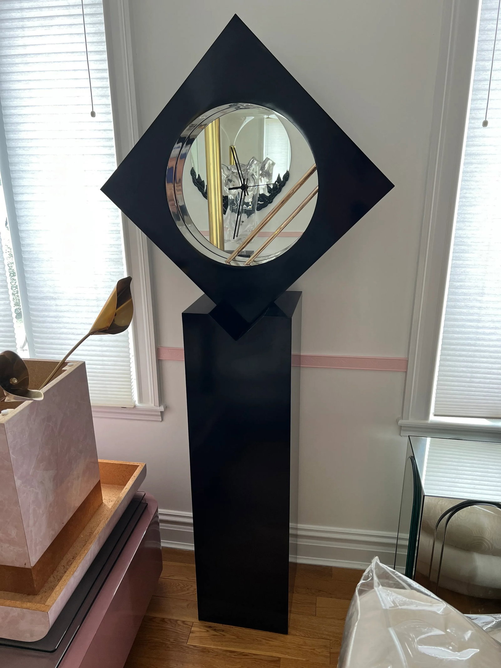 1980s Postmodern Black Laminate Floor Mirror Clock - 6