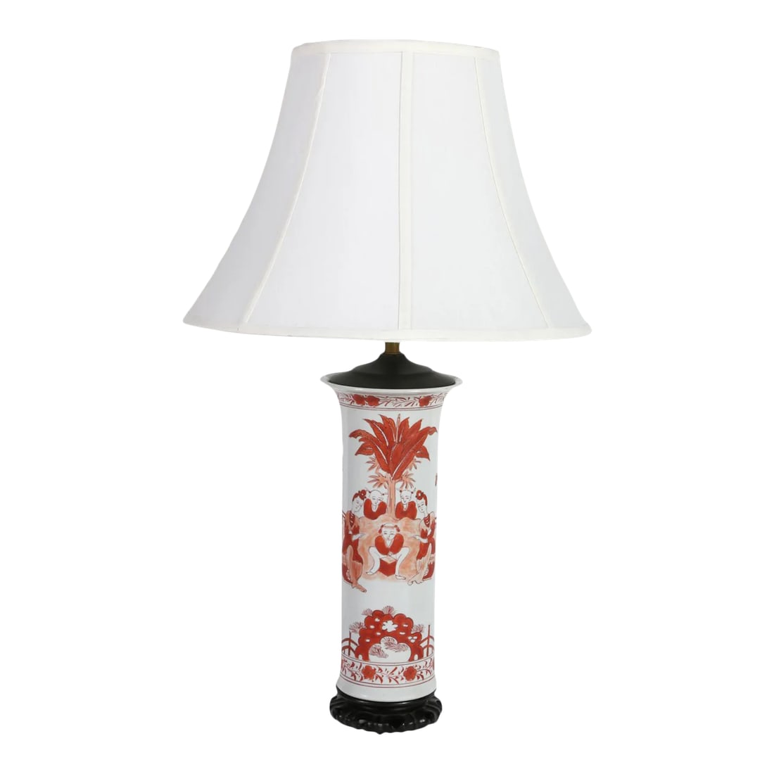 19th Century Chinese Porcelain Gu Vase Table Lamp: 19th c. Chinese Porcelain Iron Red Gu Vase lamp with custom silk shade, sitting atop a carved lotus wood base. Newly wired. Shade measures: 9" top x 18" bottom x 13" high Condition: Alterations:
