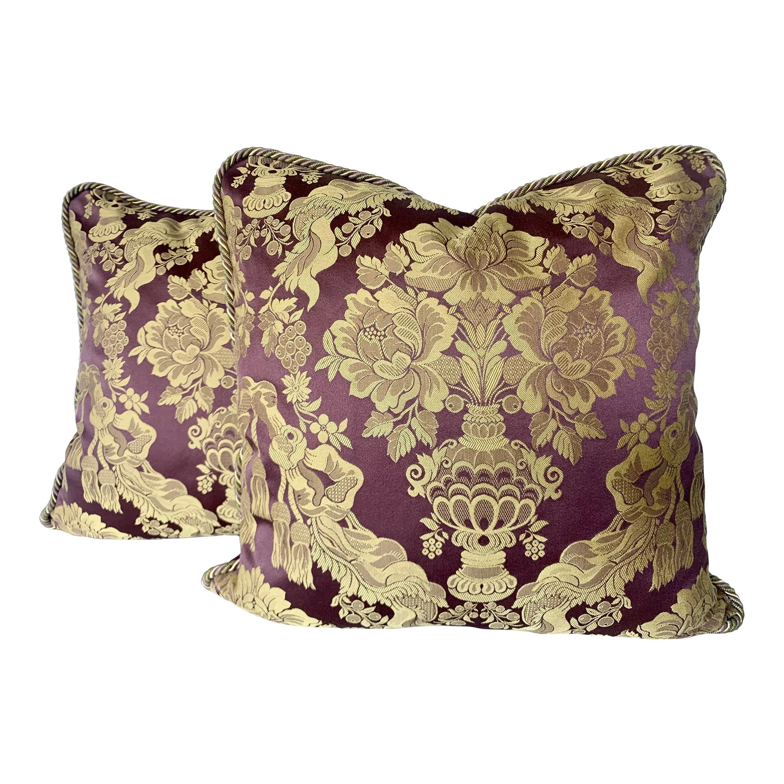 Contemporary Italian Burgundy Silk Damask Pillows- a Pair: Italian silk damask pillows, with burgundy, green and gold cord trim. Rounded corners. Sold as a pair. Back: Italian solid Plum velvet. Size 18"x18" with brand new insert in down and feathers. Made