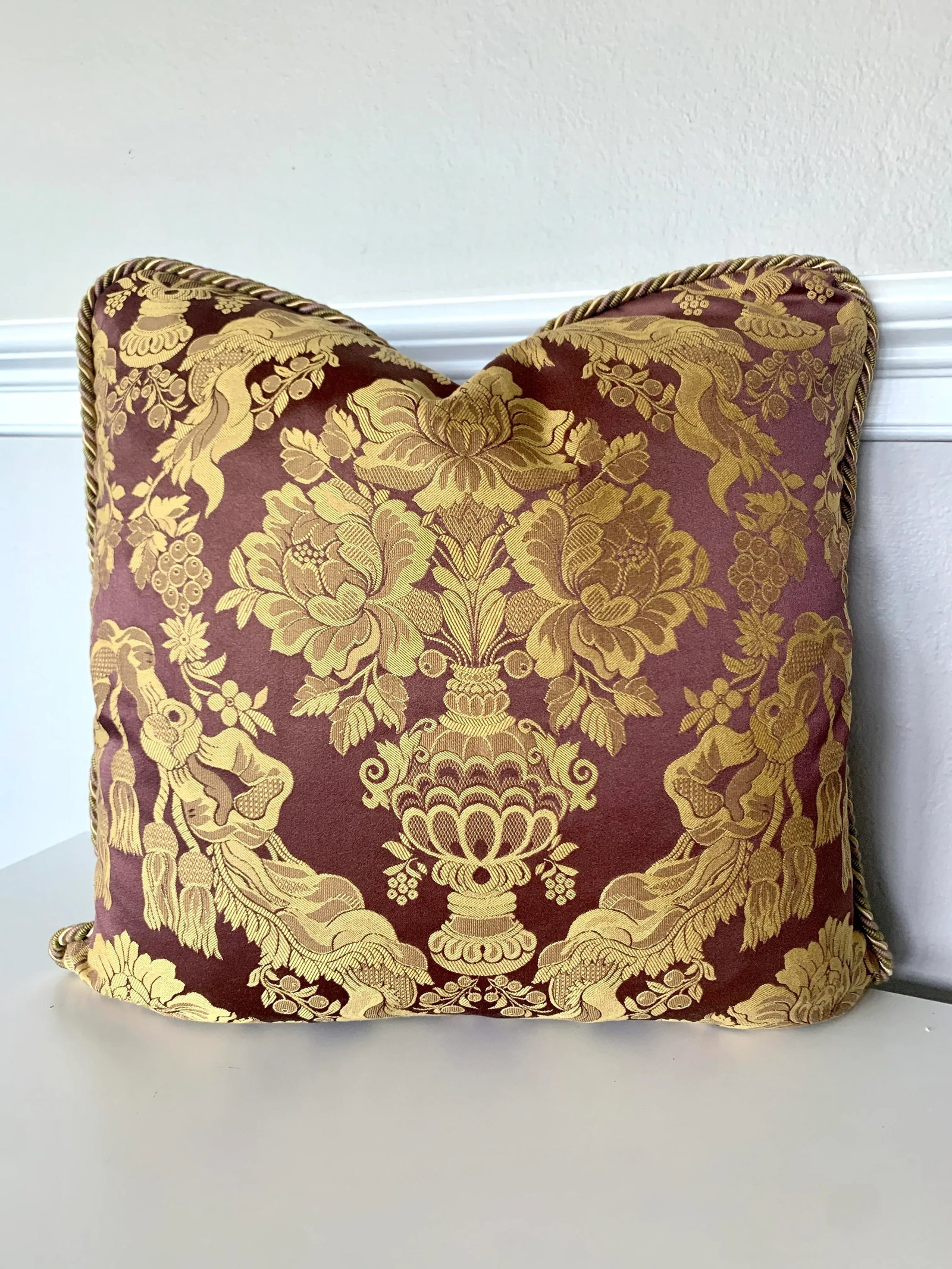 Contemporary Italian Burgundy Silk Damask Pillows- a Pair - 2