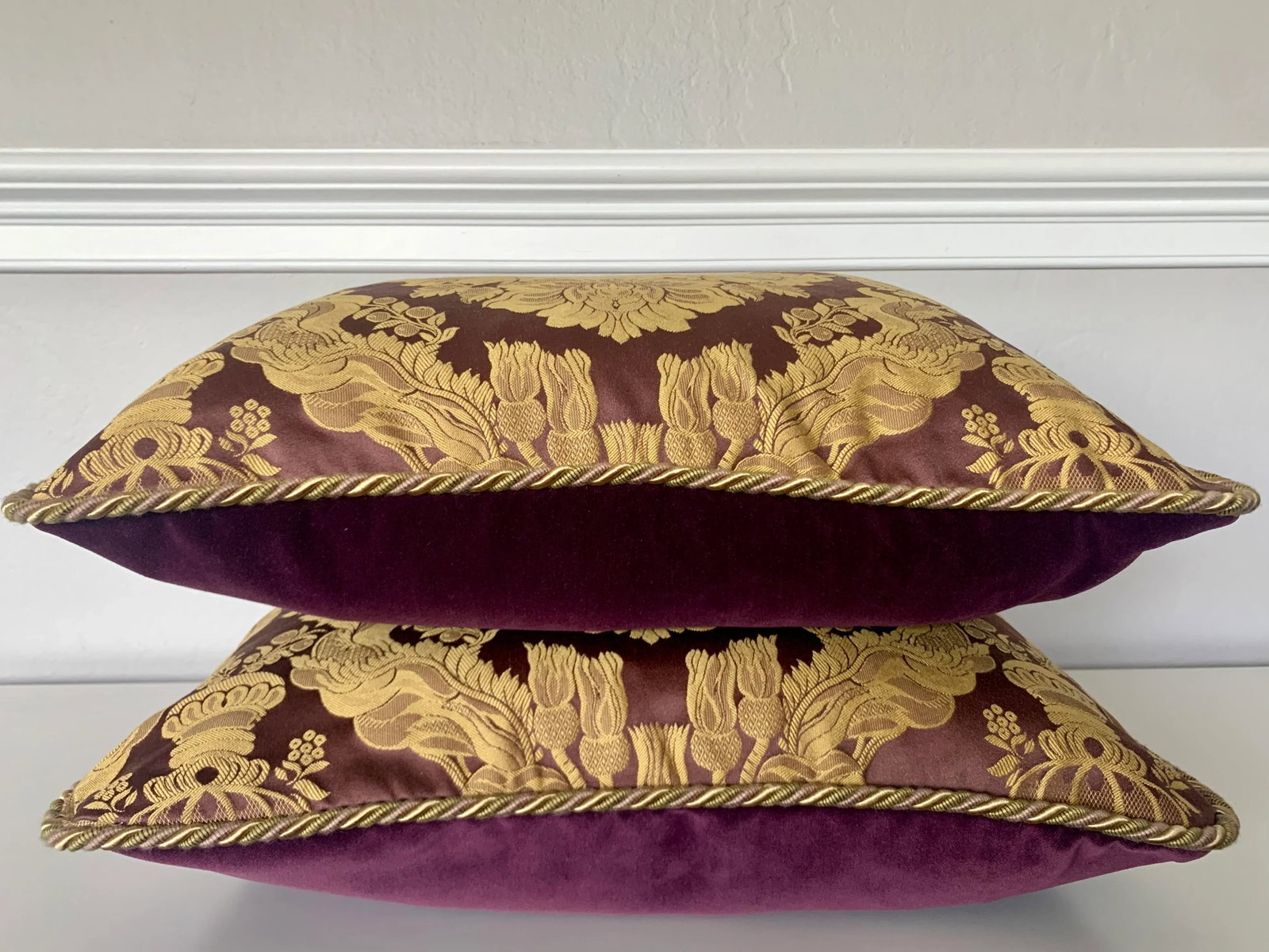 Contemporary Italian Burgundy Silk Damask Pillows- a Pair - 4