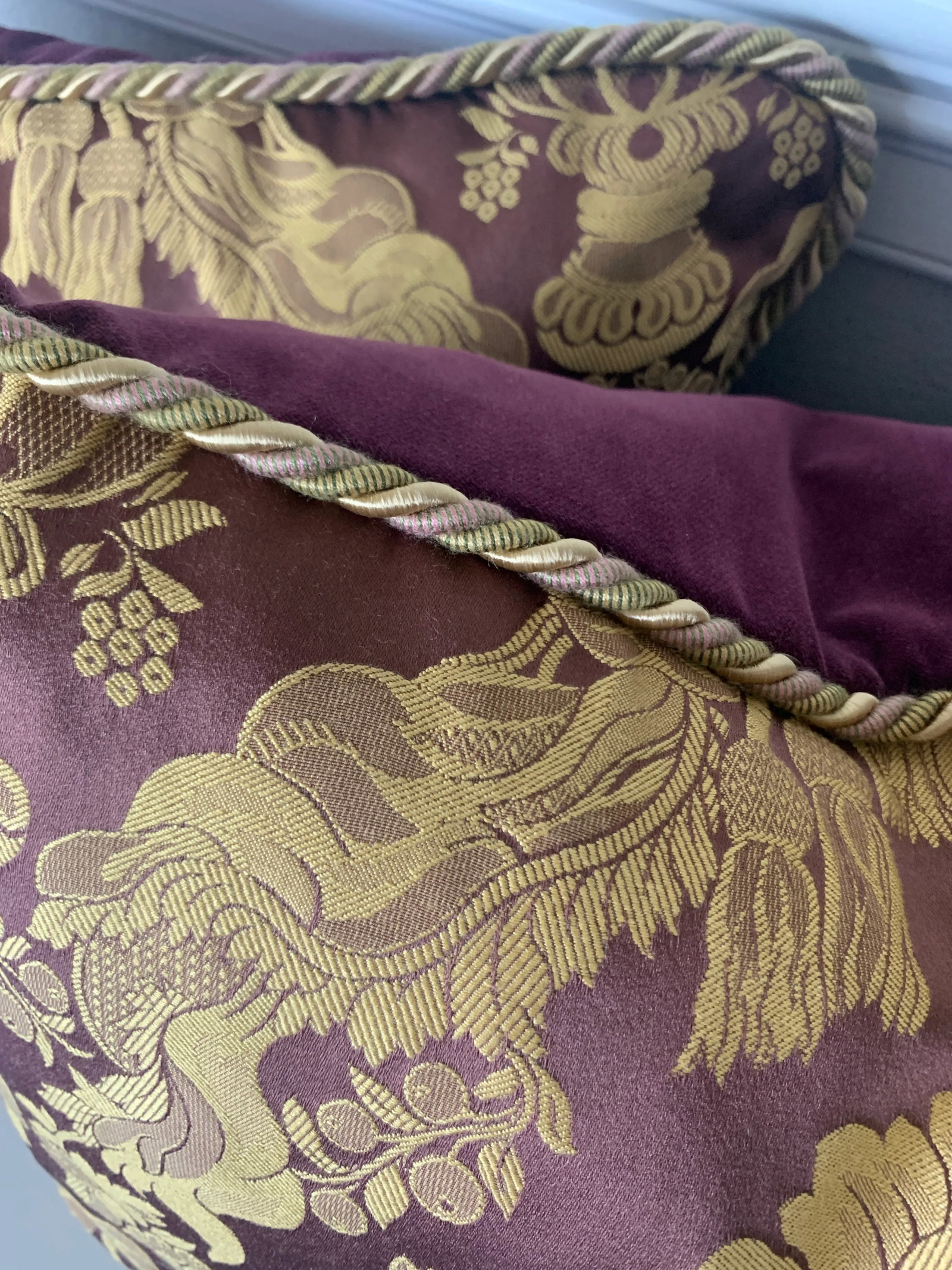 Contemporary Italian Burgundy Silk Damask Pillows- a Pair - 5