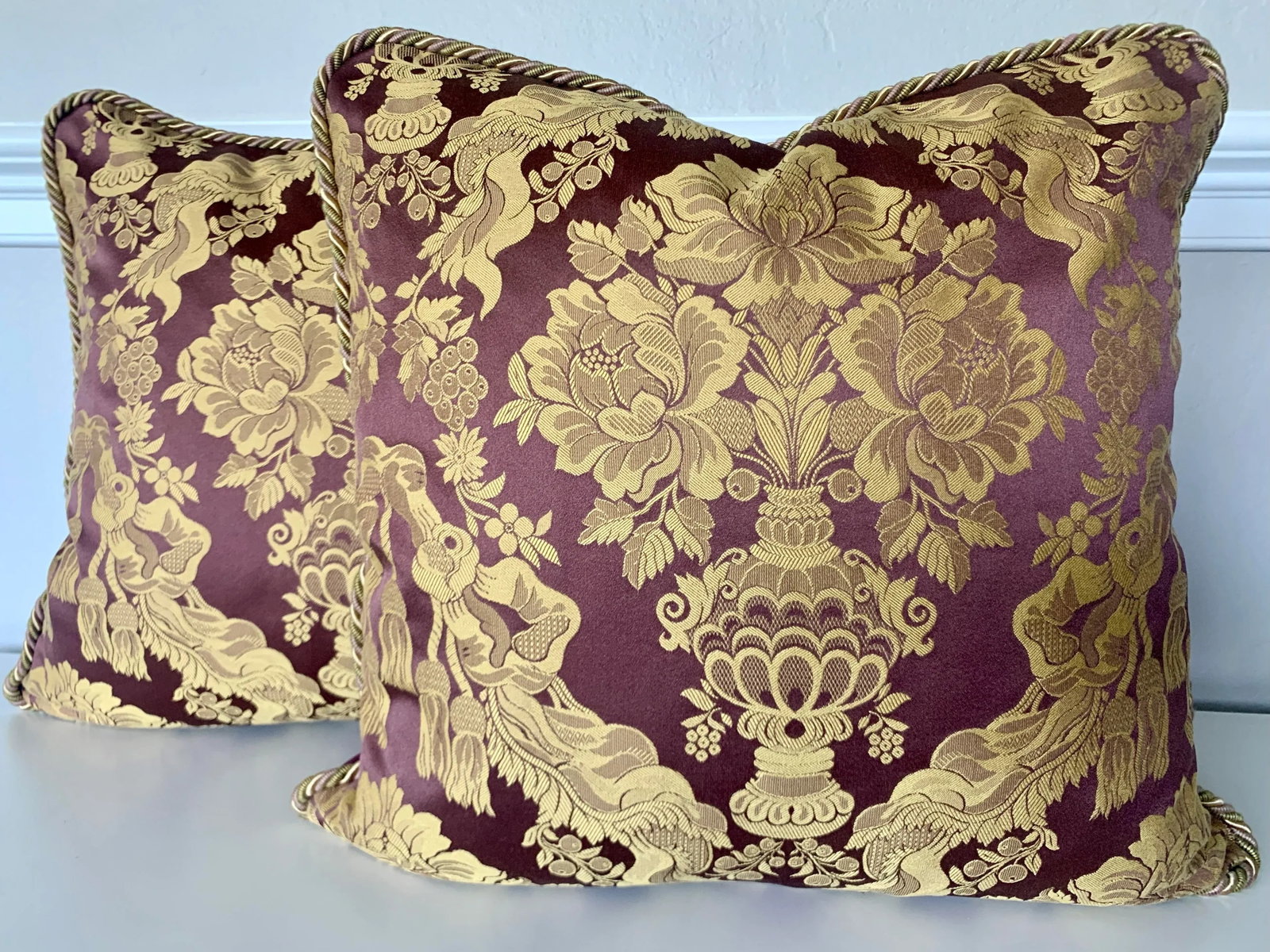 Contemporary Italian Burgundy Silk Damask Pillows- a Pair - 9