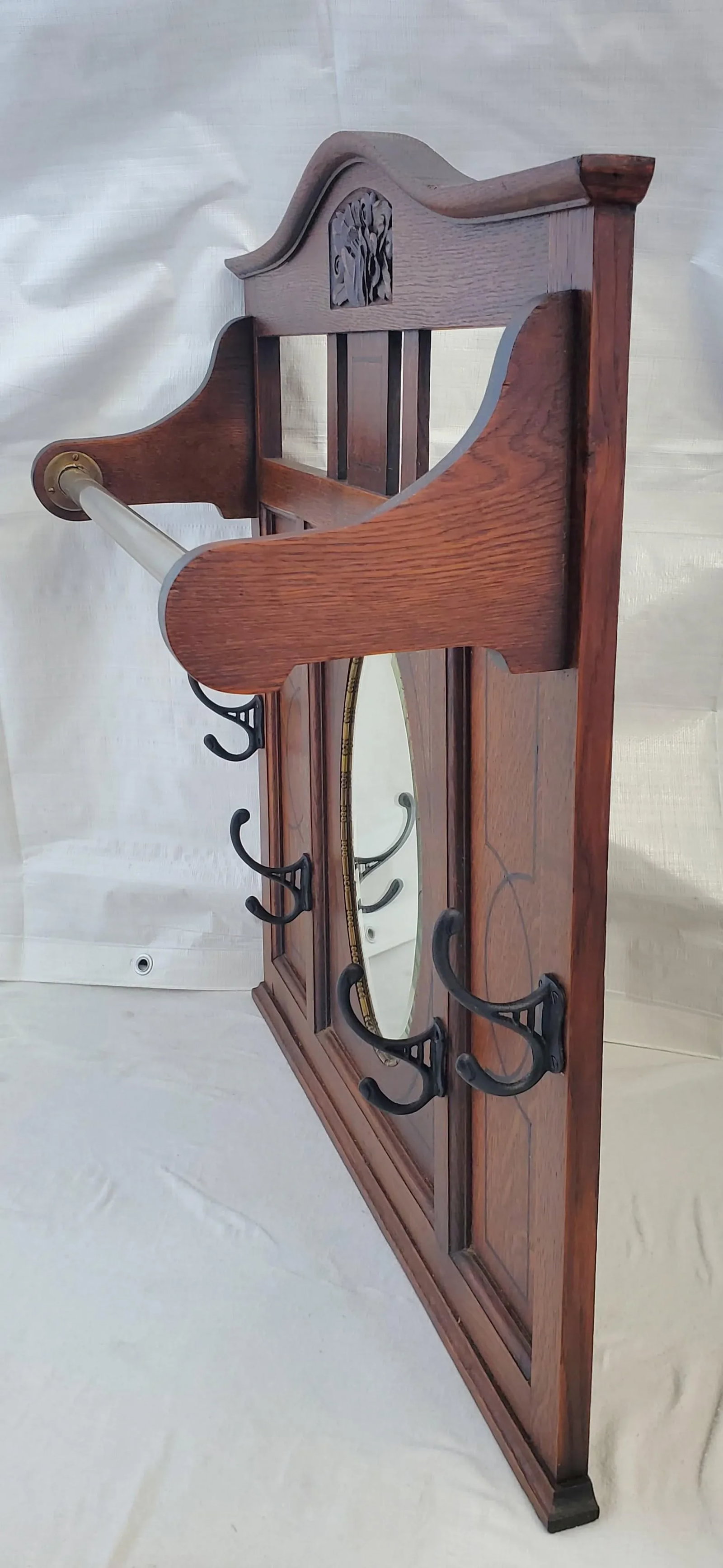 Antique 1910s Arts & Crafts Oak Entry Way / Hall Mirror With Hooks and Hanging Bar - 10