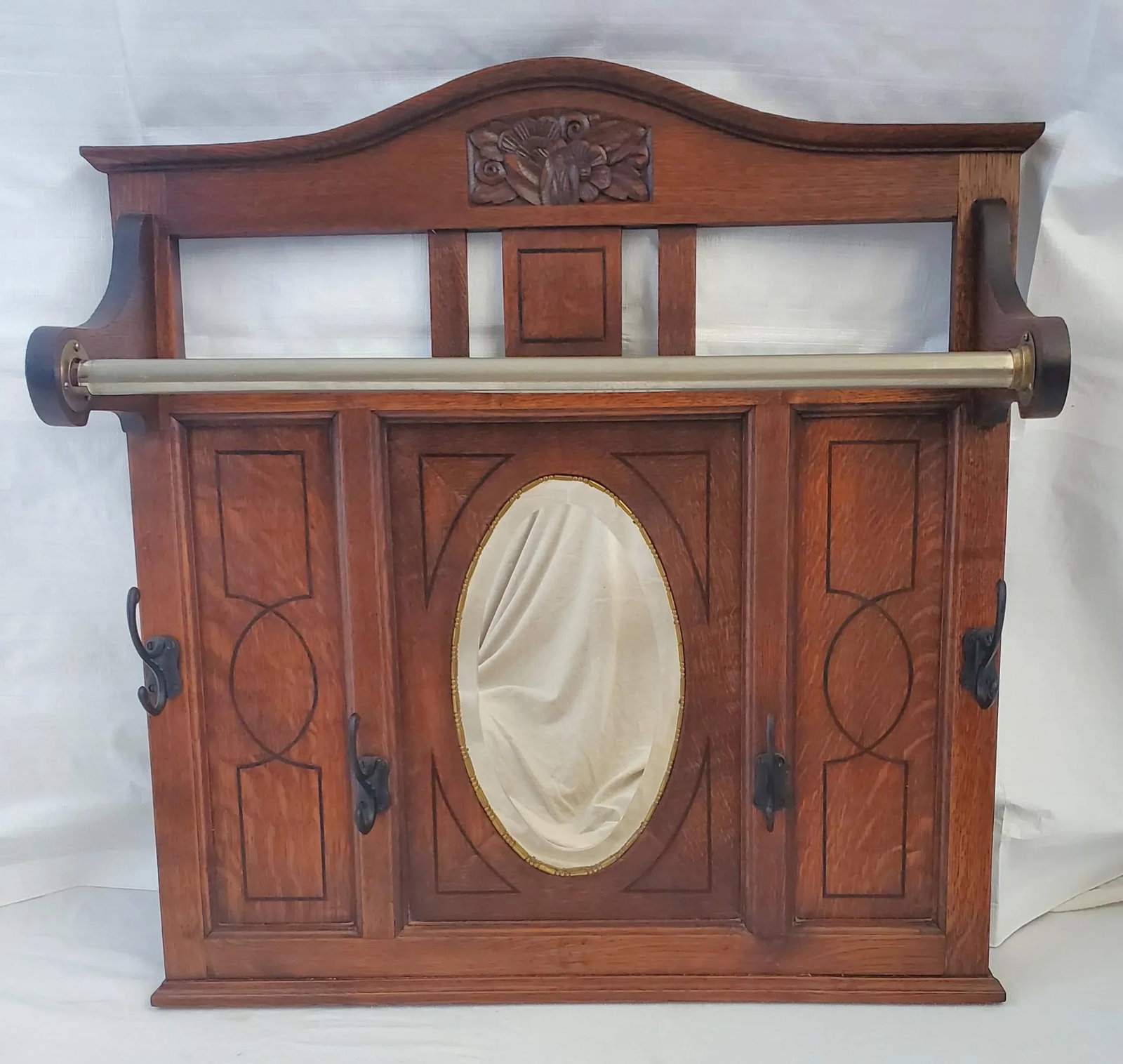 Antique 1910s Arts & Crafts Oak Entry Way / Hall Mirror With Hooks and Hanging Bar - 12