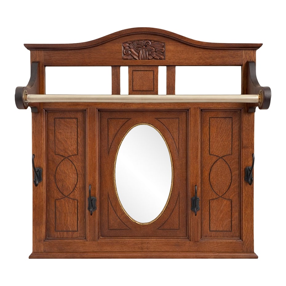 Antique 1910s Arts & Crafts Oak Entry Way / Hall Mirror With Hooks and Hanging Bar: Antique oak hall / entryway mirror with hooks and a hanging bar. Simple but with some decorative elements that make it special: Fabulous tiger oak (quarter sawn), unusual geometric inlay by the