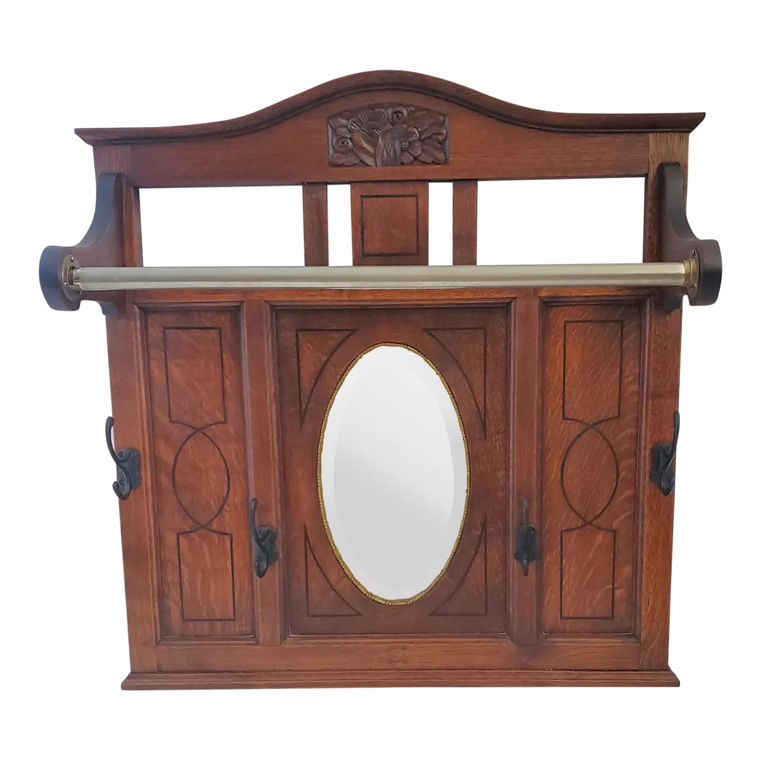 Antique 1910s Arts & Crafts Oak Entry Way / Hall Mirror With Hooks and Hanging Bar - 2