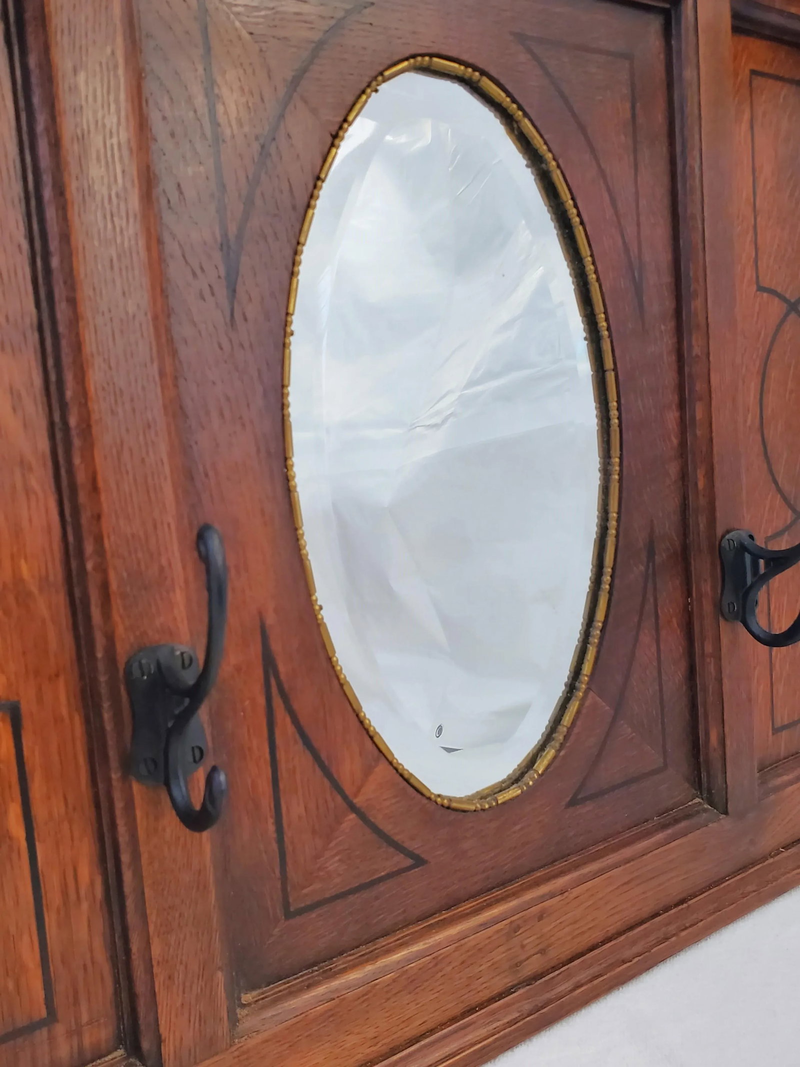 Antique 1910s Arts & Crafts Oak Entry Way / Hall Mirror With Hooks and Hanging Bar - 6
