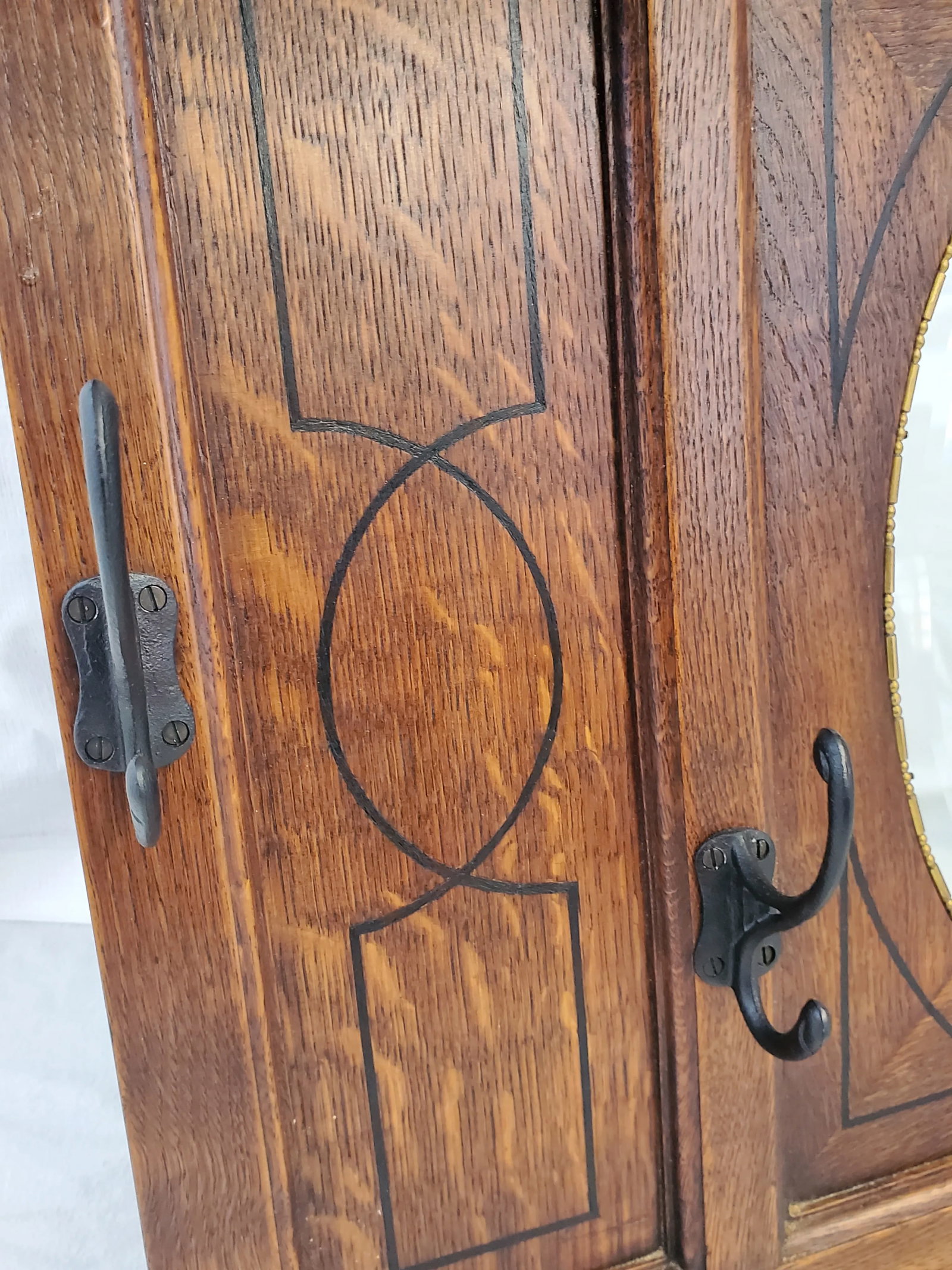 Antique 1910s Arts & Crafts Oak Entry Way / Hall Mirror With Hooks and Hanging Bar - 9