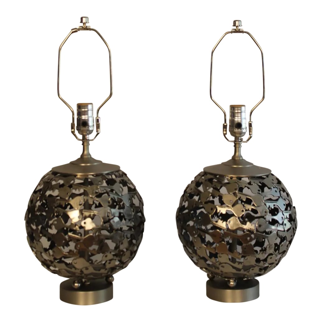 Mid 20th Century Enrico Castellani Influence Lamps - a Pair: A pair of Enrico Castellani table lamps. Similar to the Unisphere in the 1960's worlds fair. Sculptural presence consisting of brushed steel. the carved key create a unique look. 8 inches at widest po