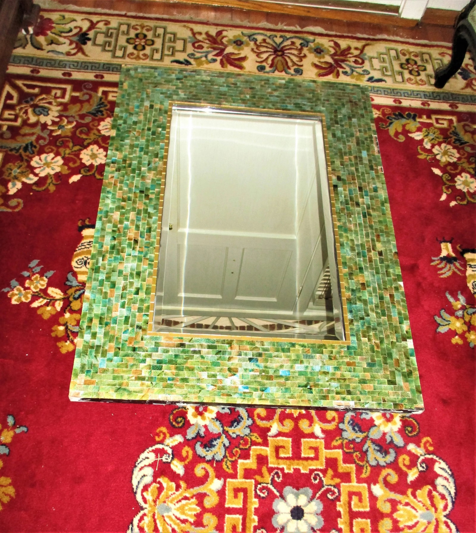 Vintage 1970s Green & Blue Mosaic Beveled Edge Mirror - 13