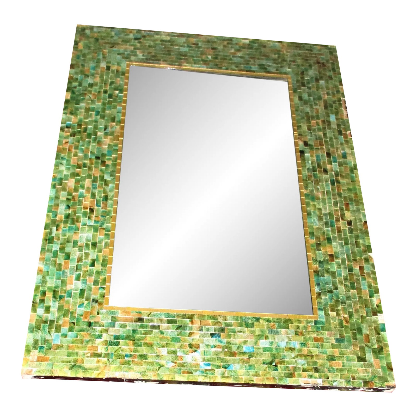 Vintage 1970s Green & Blue Mosaic Beveled Edge Mirror: This is a Spectacular! Vintage Mosaic Beveled Edge Mirror in a Gorgeous Green, Blue and Gold with a Gold Border around the Beveled Mirror and has a Black Edge on the outside as well as the back that
