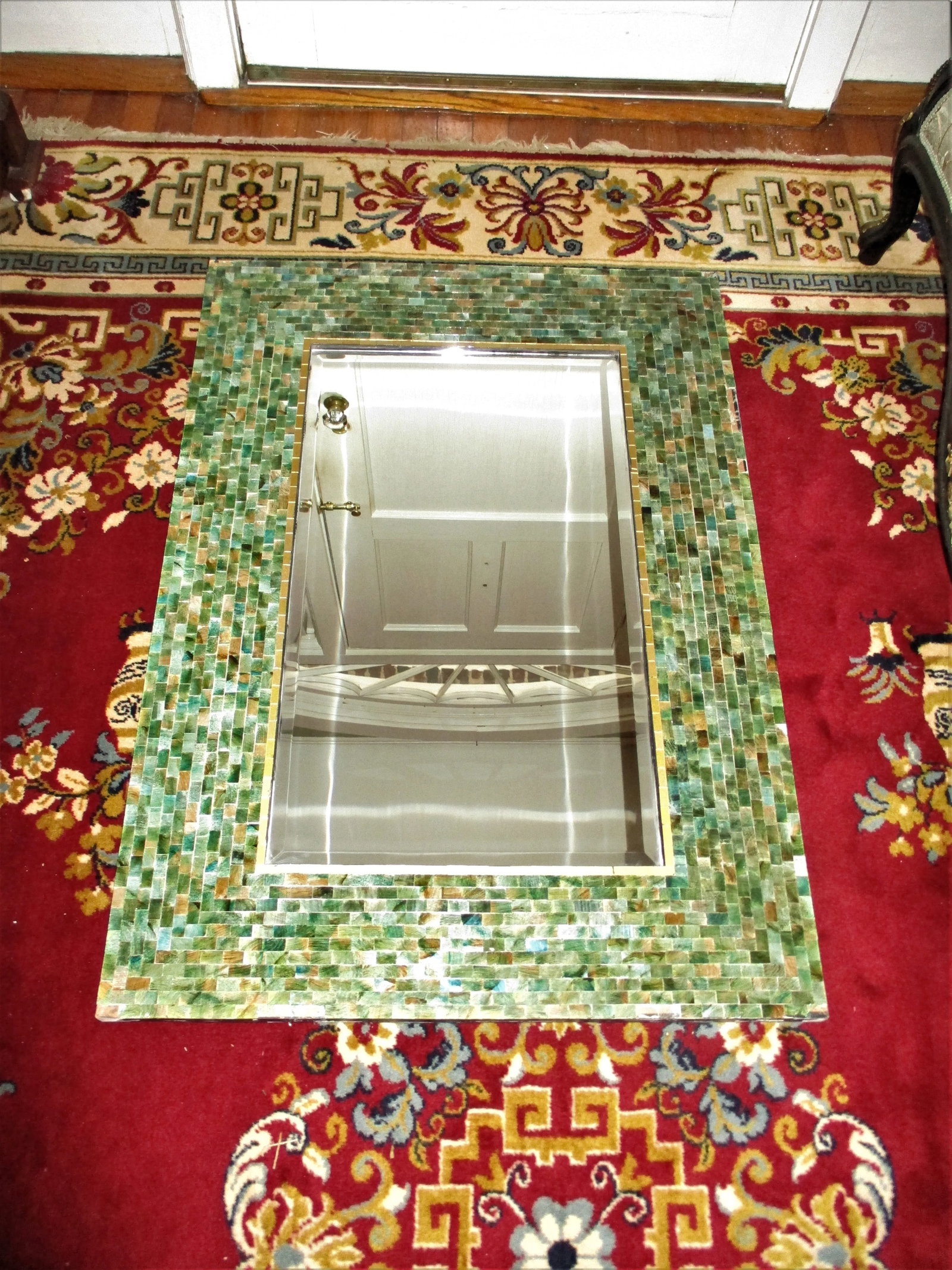 Vintage 1970s Green & Blue Mosaic Beveled Edge Mirror - 2