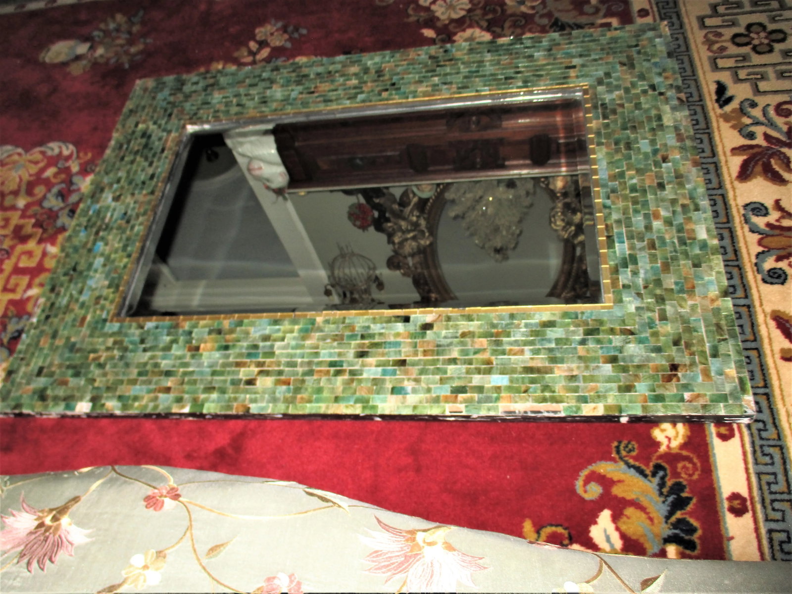 Vintage 1970s Green & Blue Mosaic Beveled Edge Mirror - 3