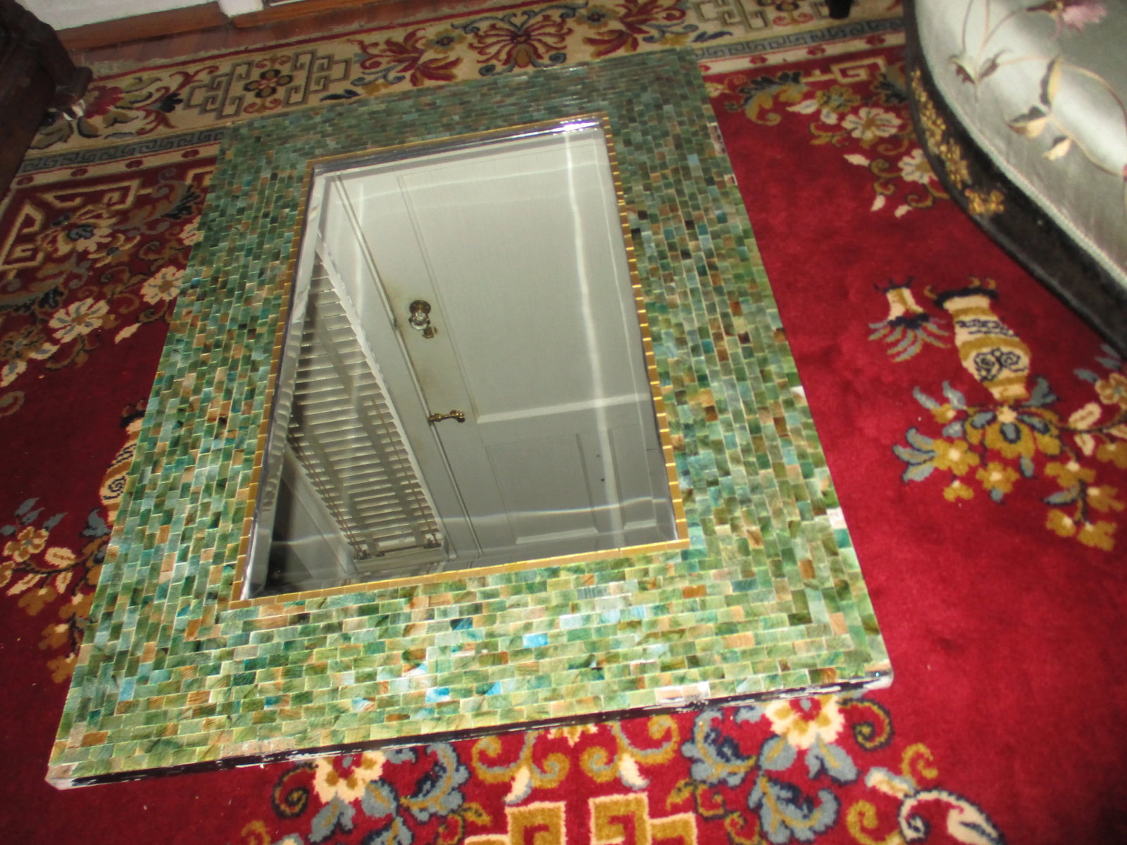 Vintage 1970s Green & Blue Mosaic Beveled Edge Mirror - 4