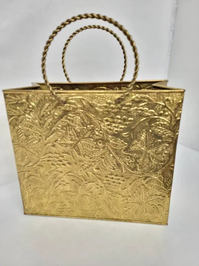 Vintage Brass Embossed Leaves Shopping Bag Magazine Stand - 3