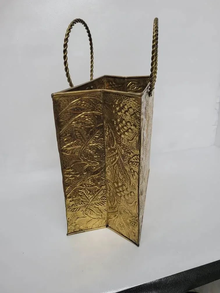 Vintage Brass Embossed Leaves Shopping Bag Magazine Stand - 7