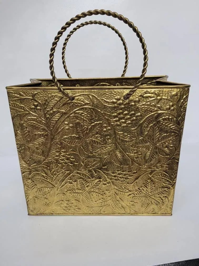 Vintage Brass Embossed Leaves Shopping Bag Magazine Stand - 8