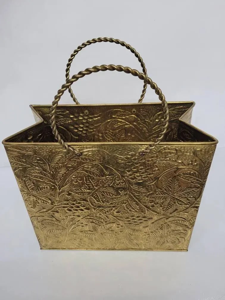 Vintage Brass Embossed Leaves Shopping Bag Magazine Stand - 9