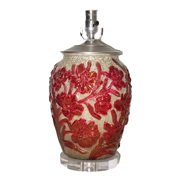 Floral Art Glass Lamp: Antique art glass lamp with red floral design, c.1920's Vibrant raised red color flowers on an antique opaque raised floral design. Very tactile to touch. The unreciprocated has a frosted finish.