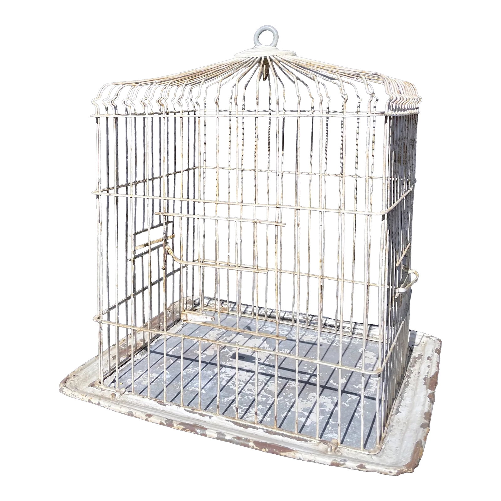 Vintage Metal Bird Cage With Distressed Paint: Antique wire birdcage with domed top and distressed white patina. Features a removable tray and classic vintage charm. A charming antique metal birdcage with a weathered finish and timeless farmhouse